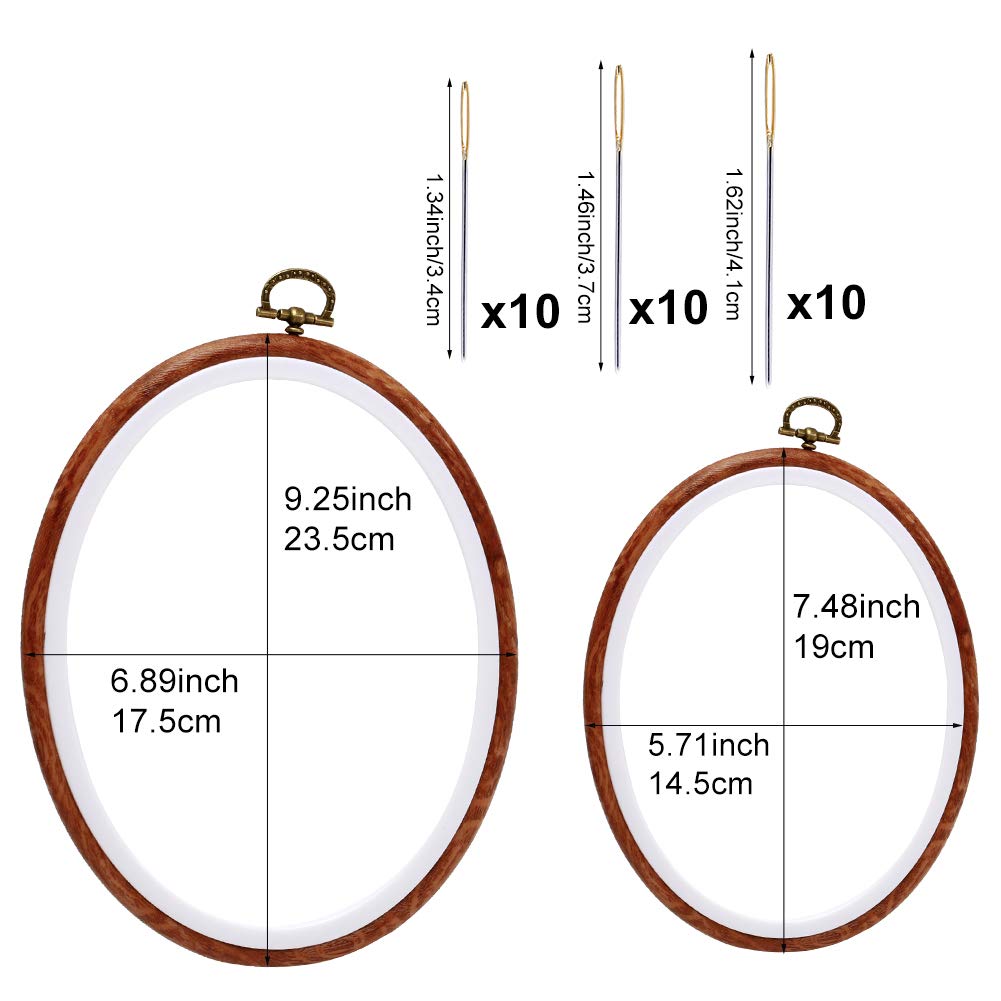 Jupean Embroidery Hoop, 7.5'' 9.2'' Oval Embroidery Hoop, Imitated Wood Display Frame with 30 Pieces Embroidery Needles, Embroidery Frame and Cross Stitch Hoop for Art Craft Sewing and Wall Hanging JUPEAN