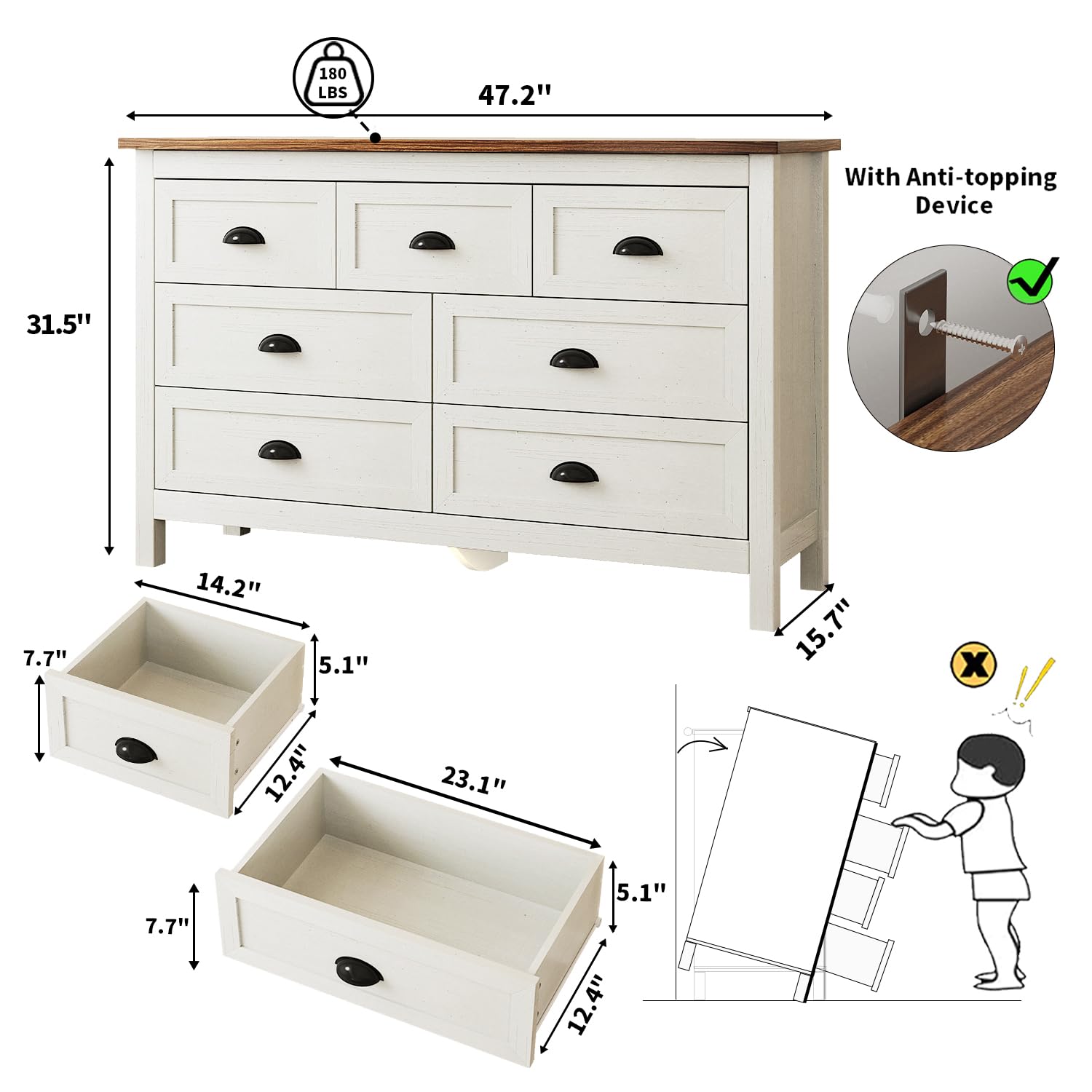 Farmhouse White Dresser for Bedroom, 7 Drawer Dresser with Vintage Black Handle, Wide Wood Dressers & Chests of Drawers for Hallway, Entryway, Antique White - WoodArtSupply