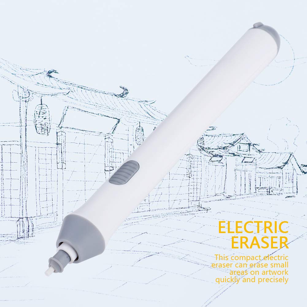 Eraser Pen For Drawings Electric,Pencil with Electric Eraser Erasers for Artists,Peacock Patch Tenwin Electric Battery Operated Automatic Pencil Eraser with 22 Eraser Refills Black(White) Tbest