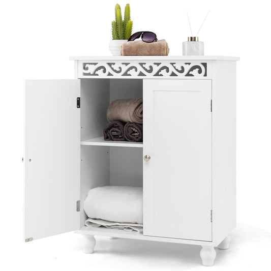 Tangkula White Bathroom Cabinet, Floor Storage Cabinet with Anti-Tipping Kits, Adjustable Shelf & Solid Wood Legs, Freestanding Home Storage Furniture for Bathroom Living Room (Classic, White)