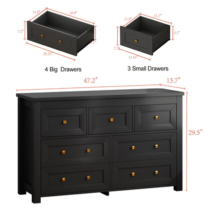 Wodeer Black 7 Drawers Dresser for Bedroom,Wood Farmhouse Storage Chest of Drawers, Dresser with Metal Handles,Dressers Organizer for Bedroom, Living Room,Hallway,Nursery,Black