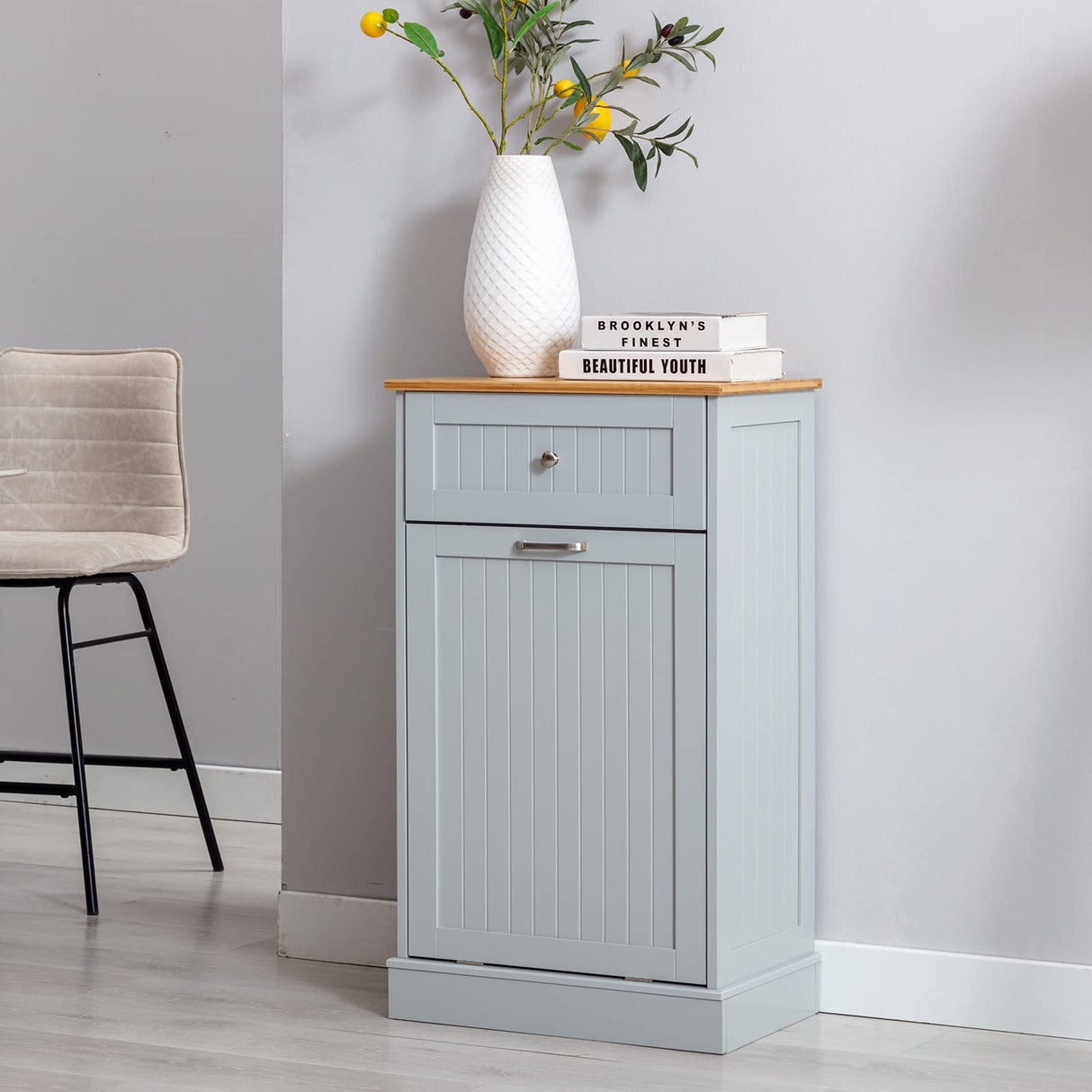Tilt Out Trash Cabinet, Freestanding Wooden Kitchen Trash Recycling Cabinet with Drawer & Removable Cutting Board, Dog Proof Trash Can Cabinet, Grey Gitua