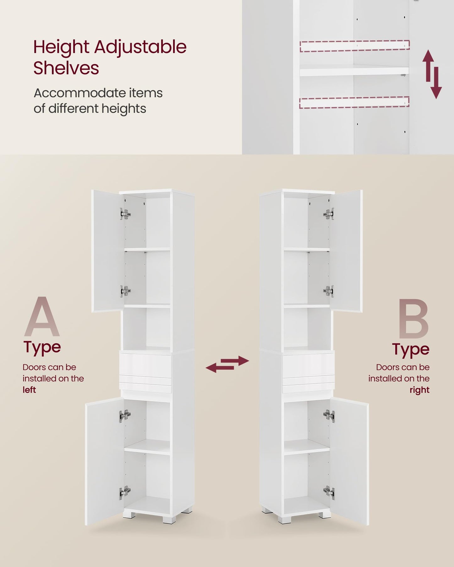 VASAGLE Tall Bathroom Cabinet, Slim Bathroom Storage Cabinet, Freestanding Narrow Cabinet with a Drawer, Adjustable Shelves, Open Compartment, for Small Spaces, White UBBC560P31