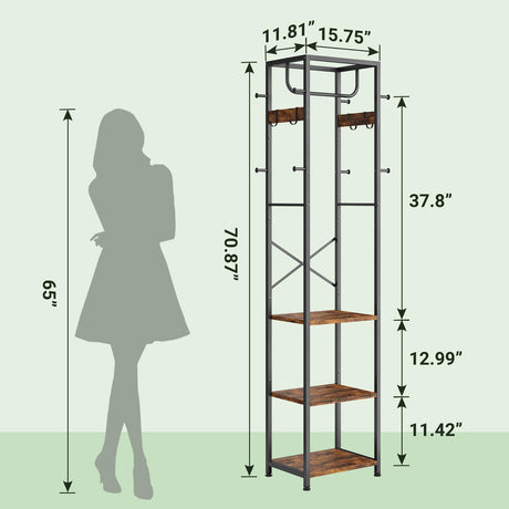 ELYKEN Coat Rack Freestanding, Hall Tree with 3 Storage Shelves and 12 Hooks, Industrial Clothes Rack Stand Organizer for Bedroom, Hallway, Entryway, Office, Living Room, Rustic Brown ELYKEN