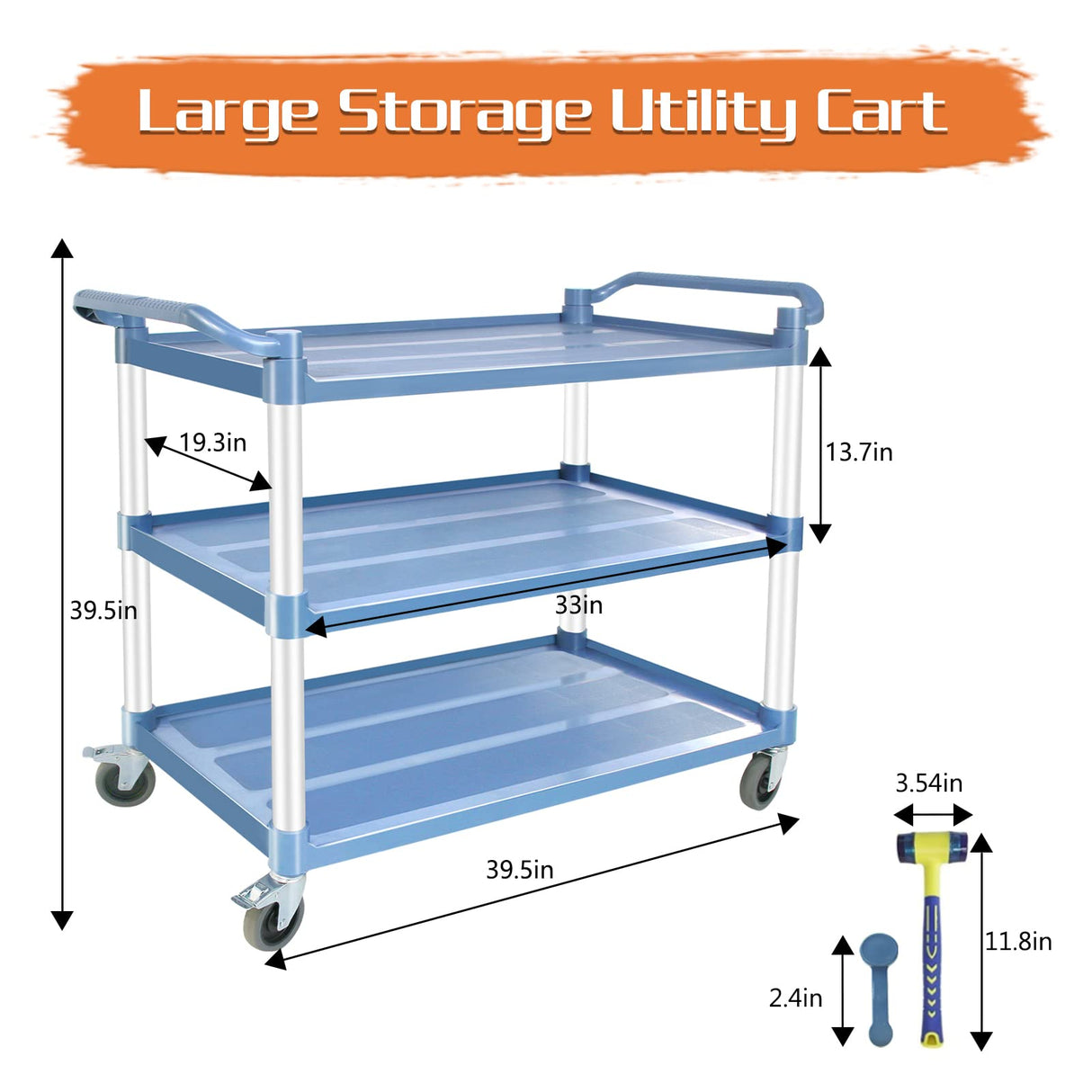 Utility Carts with Wheels Large Size Rolling Cart with Wheels Heavy Duty 600 LBS Food Cart with Lockable Wheels and Hammer for Kitchen/Office/Warehouse, 39.5" D x 19.3" W x 39.5" H(Grey Large Size) SFESGRER