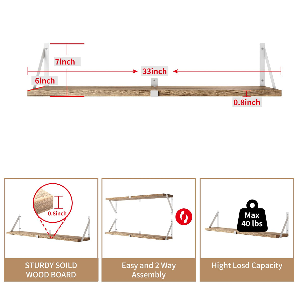 Austin yan Floating Bookshelf ，33inch, Wall Mounted Shelves for Living Room, Kitchen Organization,Bathroom, Bedroom Décor,Hanging Decorative Wall Shelves,Set of 3 White Austin yan
