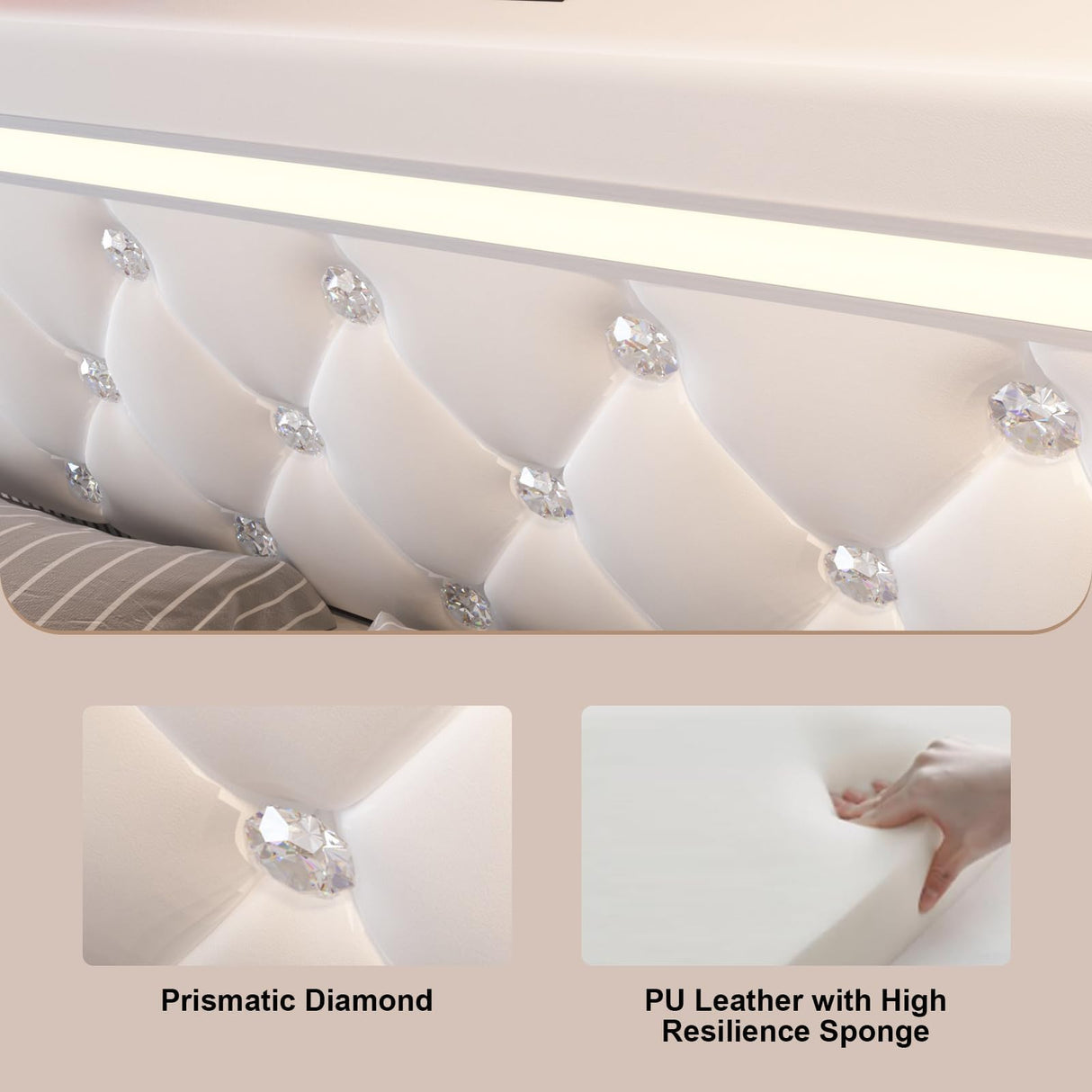 Benevika Full Size Bed Frame with 4 Drawers and LED Light, Charge Station, PU Leather Upholstered Platform Storage Bed with Adjustable Headboard, Wooden Slats Support, No Box Spring Needed, White Benevika