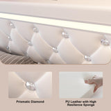 Benevika Full Size Bed Frame with 4 Drawers and LED Light, Charge Station, PU Leather Upholstered Platform Storage Bed with Adjustable Headboard, Wooden Slats Support, No Box Spring Needed, White Benevika