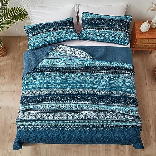 WONGS BEDDING Boho Queen Quilt Set, Blue Bohemian Queen Quilt Bedding Set, Lightweight Microfiber Bed Decor Bedspread for All Season 96"x90"(3 Pieces) WONGS BEDDING