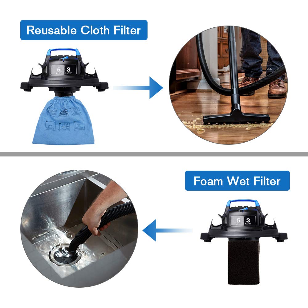 Vacmaster 3 Peak HP 5 Gallon Shop Vacuum Powerful Suction Wet Dry Vacuum Cleaner with Blower Function 1-1/4 inch Hose 10ft Power Cord Vacmaster