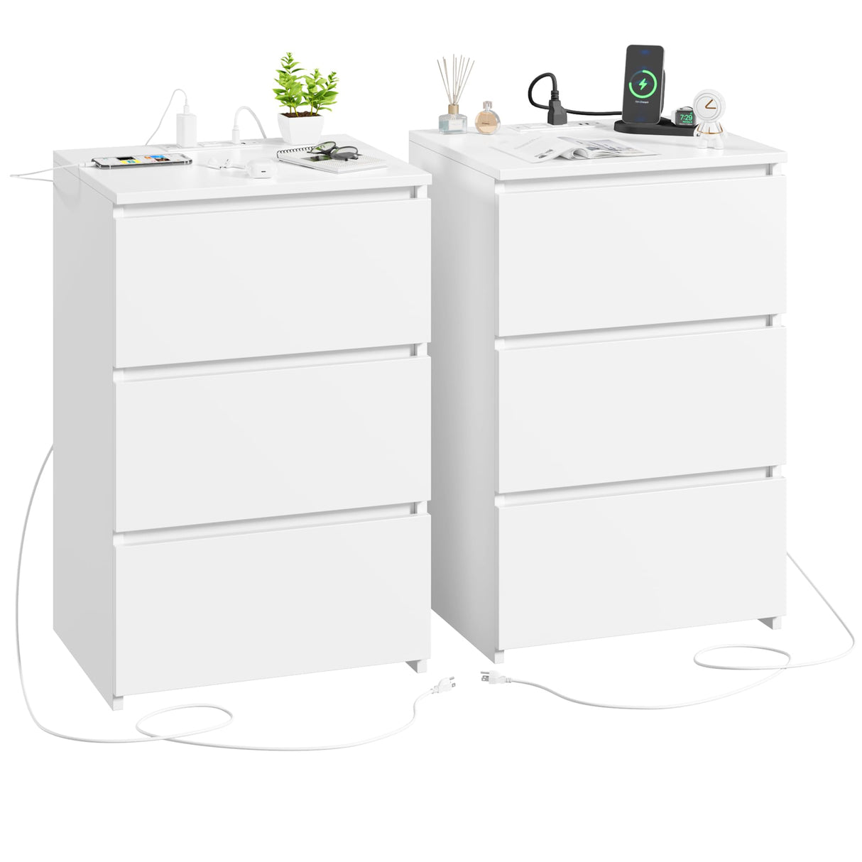 FOTOSOK White Nightstand Set of 2, 26" H White Night Stand with Charging Station, Nightstand Set 2 with USB Ports & Power Outlets, Silent Slides, Wooden End Side Table Bedside Table for Bedroom FOTOSOK