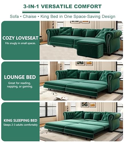 LuxyHoom 89" King Pull Out Sofa Bed, Velvet Chesterfield Sleeper Sofa Couch, 3 in 1 Convertible Tufted Futon Couches with Ottoman for Living Room, Small Space, Apartment, Office, Bedroom, Green LuxyHoom