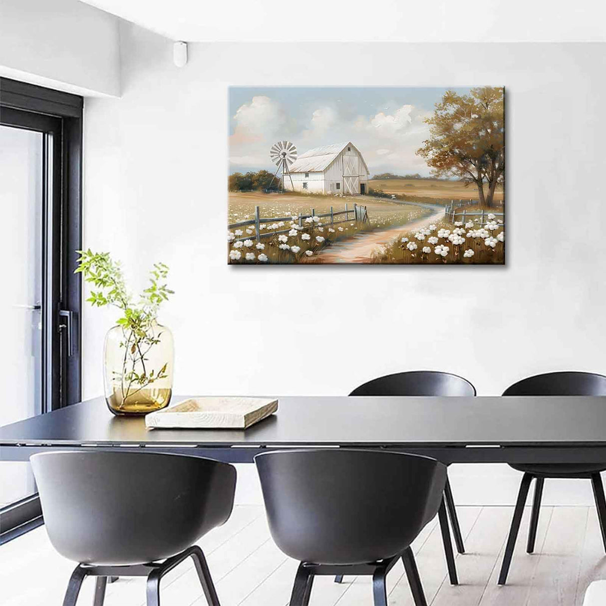 Farmhouse Barn Canvas Wall Art Rustic Farm Nature landscape Decor Pictures Retro Flower Field Meadow Barn Windmill Posters Prints for Home Decoration Bathroom Bedroom Living Room Decoration styfasin