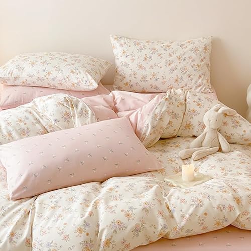 Erwinmu Floral Duvet Cover Set Queen Size,Pink White Floral Pattern Reversible Bedding Set for Girls Kids,Garden Style Microfiber Comforter Cover with Zipper Closure and 2 Pillowcases Erwinmu