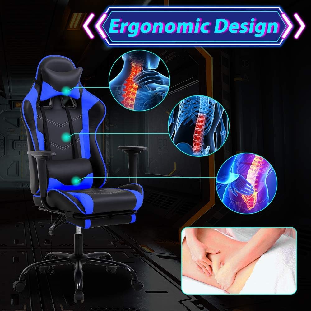 Gaming Chair Computer Chair with Footrest and Lumbar Support, Height Adjustable Game Chair Video Game Chair High Back Reclining Computer Chair with 360°-Swivel Chair for Adults, Blue