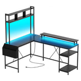 ElectraSpeedy L Shaped Gaming Desk, Reversible Corner Desk with Hutch, Power Outlets, LED Strip, Monitor Stand, Storage Shelves, and Side Storage Bag for Home Office (Black) ElectraSpeedy