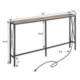 ELYKEN 5.9" Narrow Console Sofa Table with Power Outlets, 5.9" Dx63 Wx31.5 H Long Skinny Behind Couch Table with “X” Cross Metal Frame and Charge Station with 6.5’ Extension Cord, White Oak ELYKEN