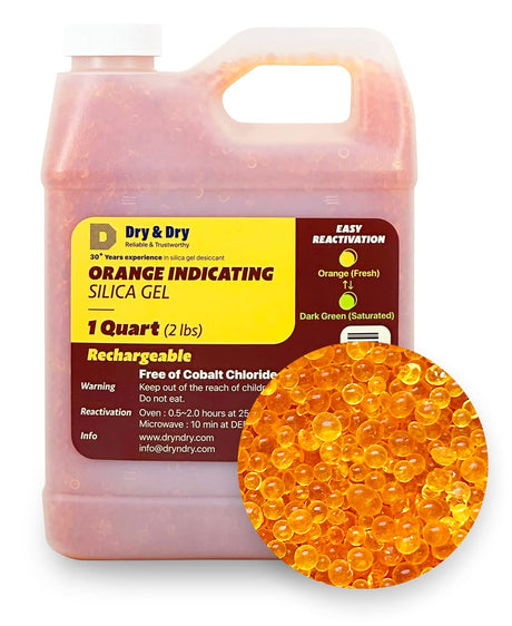 Dry & Dry" [1 Quart Premium Orange Indicating Silica Gel Desiccant Beads(Industry Standard 3-5 mm) - Rechargeable Silica Gel Beads(2 LBS) Dry & Dry