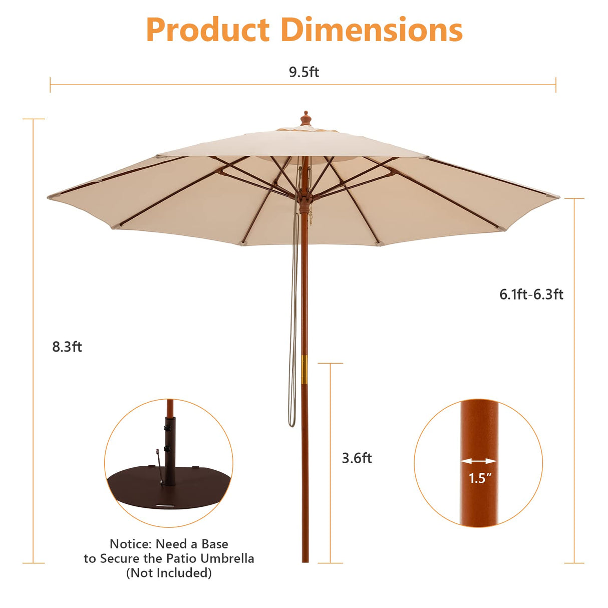Tangkula 9.5 FT Pulley Lift Round Patio Umbrella, Wooden Market Umbrella W/Rope Pulley Mechanism, 8 Fiberglass Ribs, Portable Table Parasol, Outdoor Sun Umbrella for Garden, Yard, Deck, Pool (Beige) Tangkula