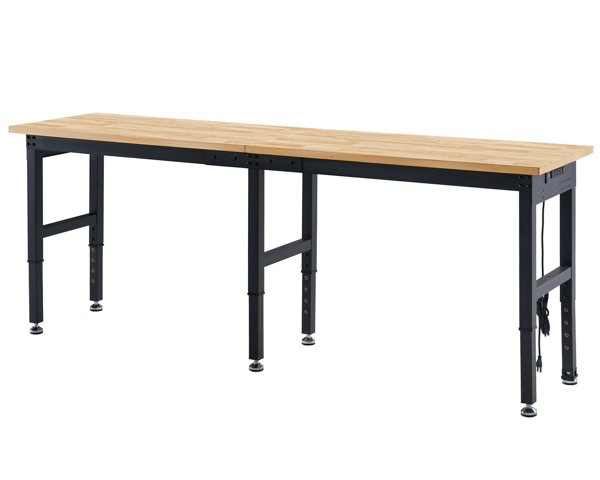 Albott 96x24 Adjustable Workbench, 28.7-38.6" Height, Rubber Wood Top, Heavy-Duty Design with Power Outlets & Hooks, 5000 LB Capacity for Garage, Workshop, Home, or Office Albott
