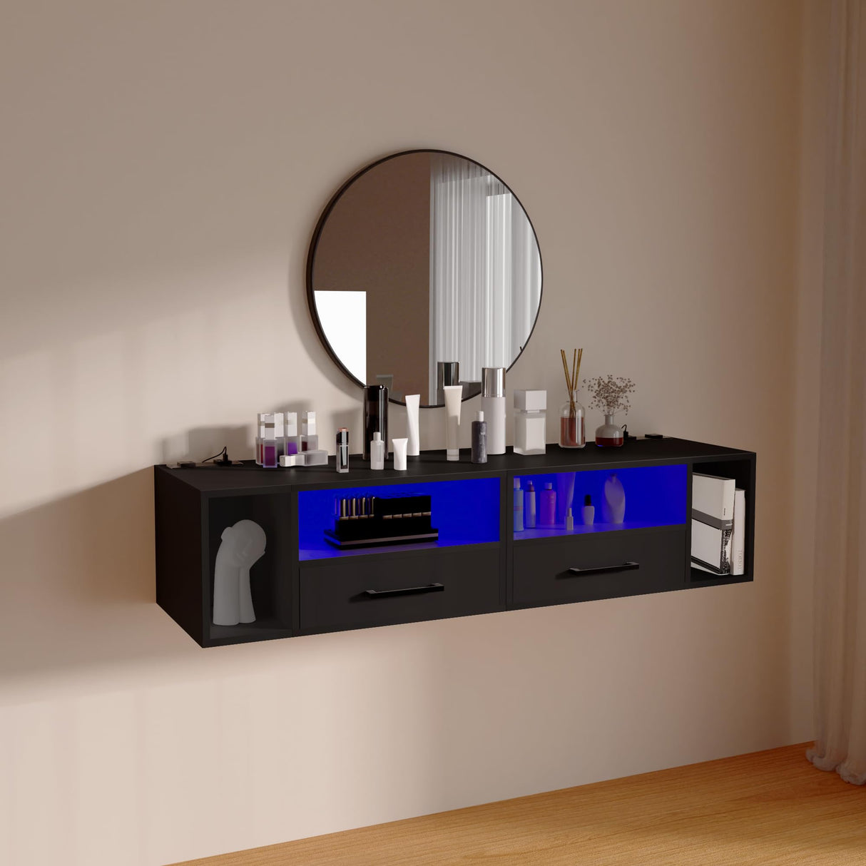 Homaterial Floating Nightstand with Charging Station and LED Lights, Floating Bedside Table with Drawers Wall Mounted Nightstands,for Bedroom Room, 21.3" x 11.8" x 10",Black Homaterial