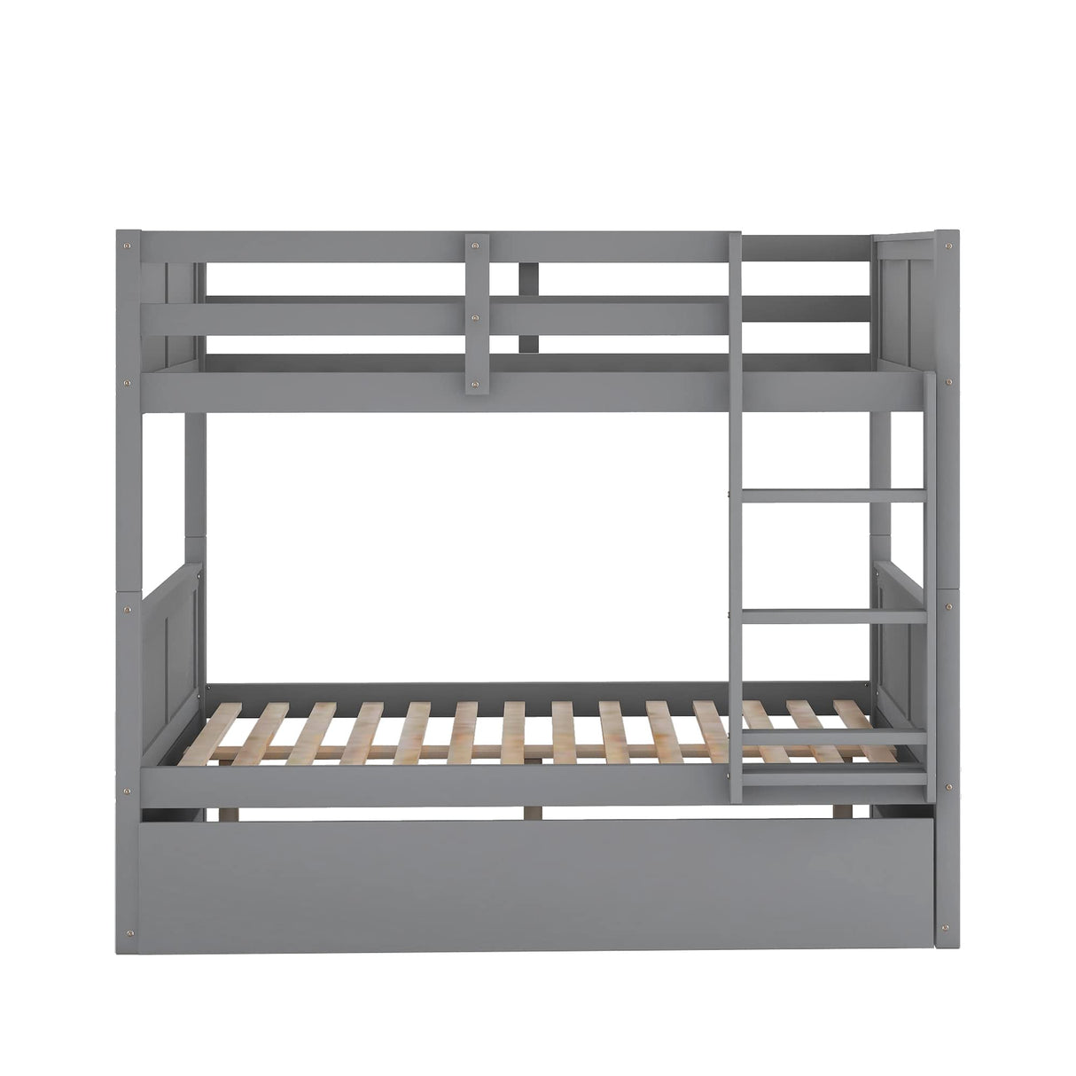 Rockjame Full Bunk Bed with Trundle, Wood Full Over Full Bunk Bed Frame with Ladder and Safety Rail, Space Saving Design Bedroom Furniture (Gray) Rockjame