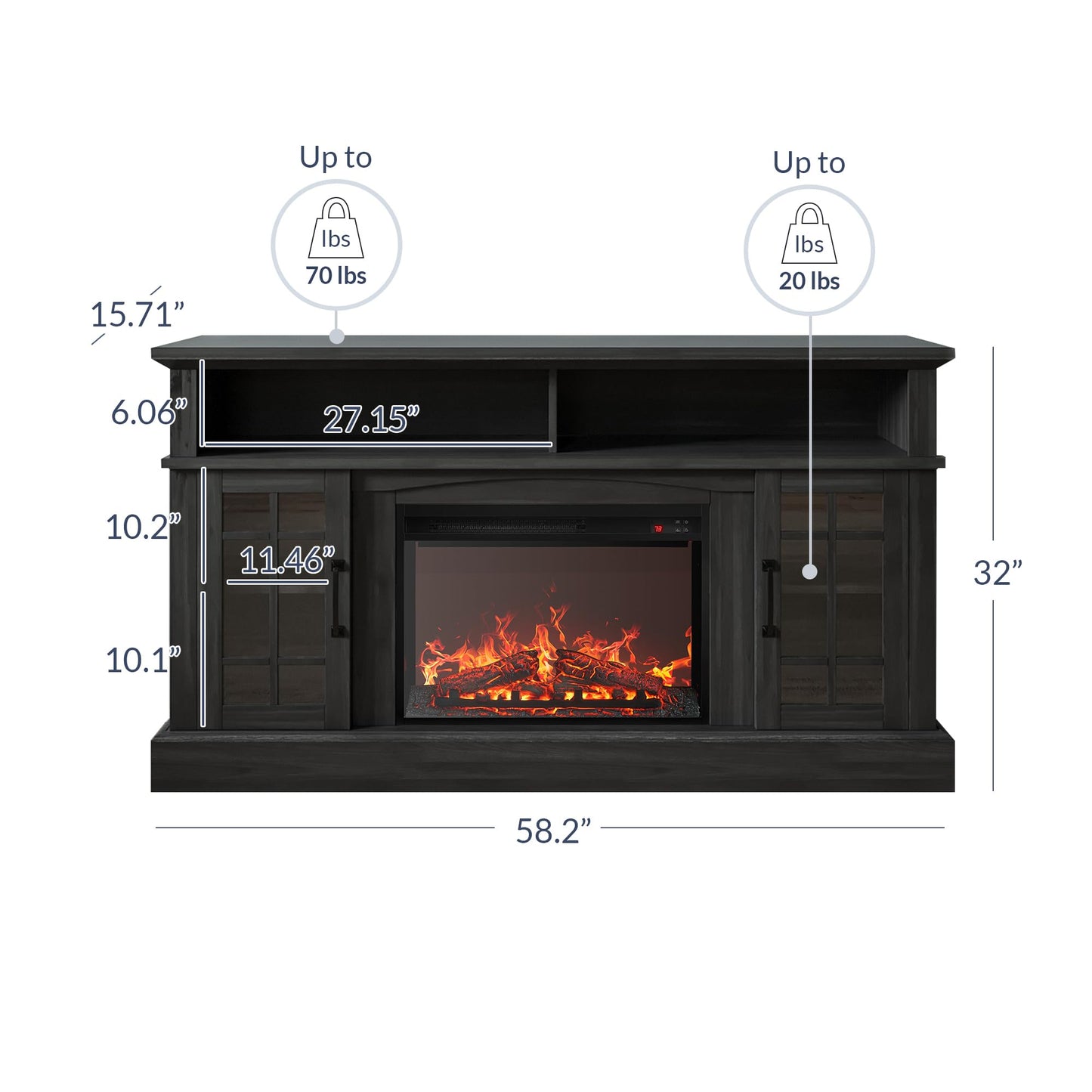 BELLEZE Traditional 58" Rustic TV Stand with 23" Electric Fireplace Heater with Sound, Media Entertainment Center Console Table for TV up to 65" with Open Storage Shelves and Cabinets - Rustic Grey