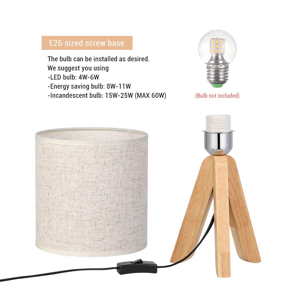 HAITRAL Small Bedside Table Lamp - Wooden Tripod Nightstand Lamp for Bedroom, Living Room, Office, Home with Fabric Linen Shade - 13.4 Inches (Without Bulb) - WoodArtSupply