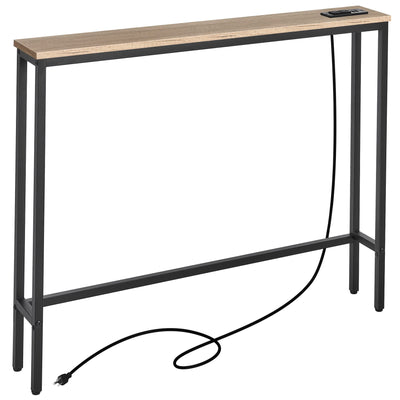 ELYKEN 5.9" Narrow Console Sofa Table with Power Outlets, 5.9" Dx39.4 Wx31.1 H Long Couch Table with Metal Frame and Charge Station with 6.5’ Extension Cord, White Oak