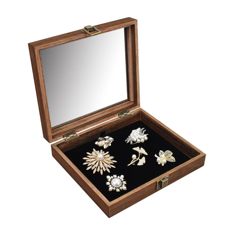 MOOCA Tempered-Glass Top Small Wooden Jewelry Display Case with Removable Black Luxurious Velvet Jewelry Display Pad, Deeper 2.2" Design for Collectibles, Brown Color. MOOCA