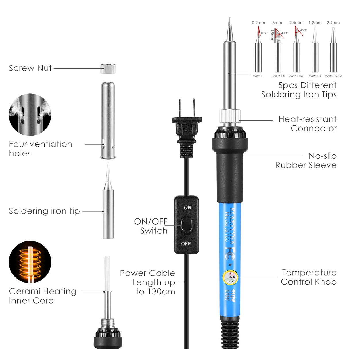 Soldering Iron Kit, Adjustable Temperature 13-in-1 60W Soldering Tool, Solder Kit Electronics with ON/Off Switch, 5 Soldering Tips, Solder Sucker, Stand, Tweezers, Solder Wire, Wire Cutter, Carry Bag KLARYTYMA