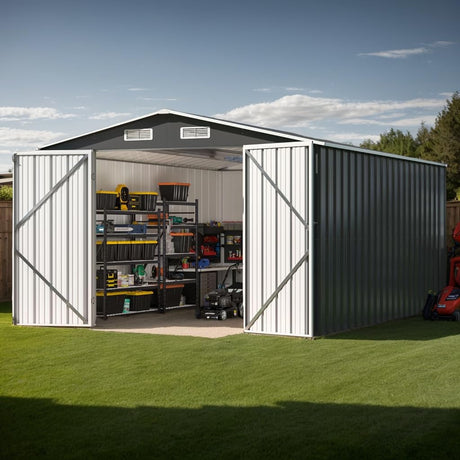 10x14 FT Outdoor Storage Shed with Reinforced Frame, Lockable Tool Shed for Backyard and Garden, All-Weather Metal Structure in Grey (Grey, 10x14 FT) Generic