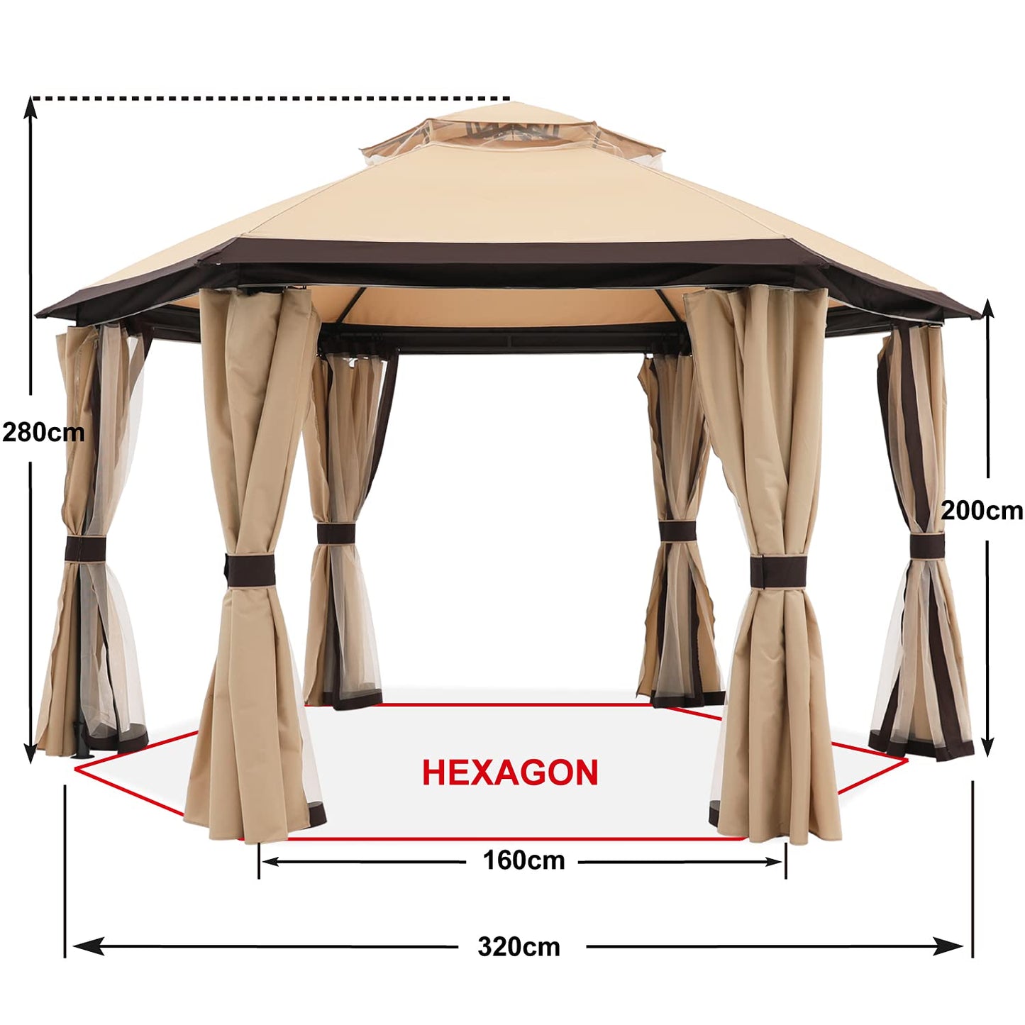 10'x10' Gazebos for Patios Outdoor Hexagonal Gazebo with Netting and Privacy Curtains by ABCCANOPY Beige