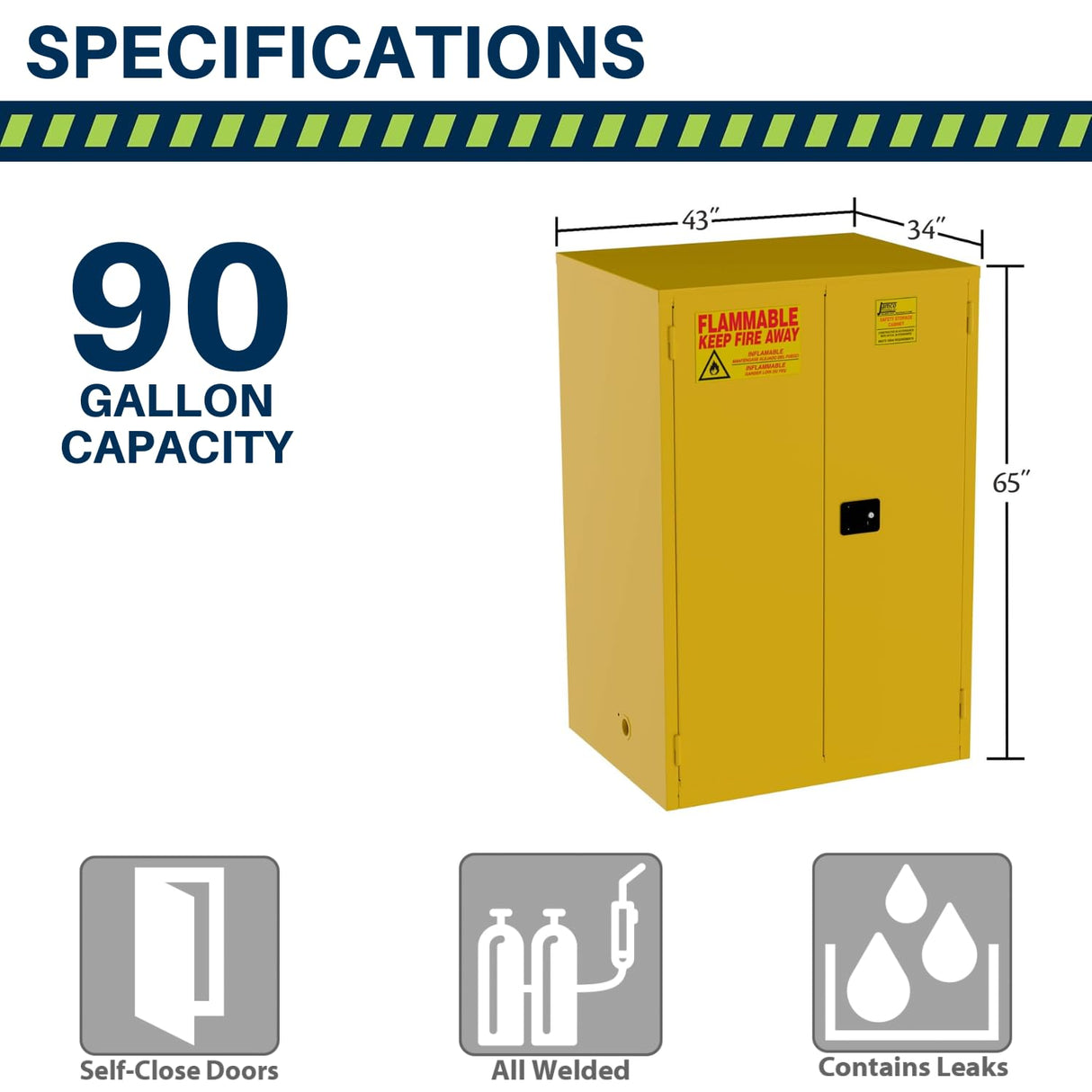 Jamco 90 Gallon Flammable Safety Cabinet, Steel Flammable Storage Cabinet with Lockable Self-Closing Doors, Non Forkliftable, 43" x 34" x 65", Yellow Jamco