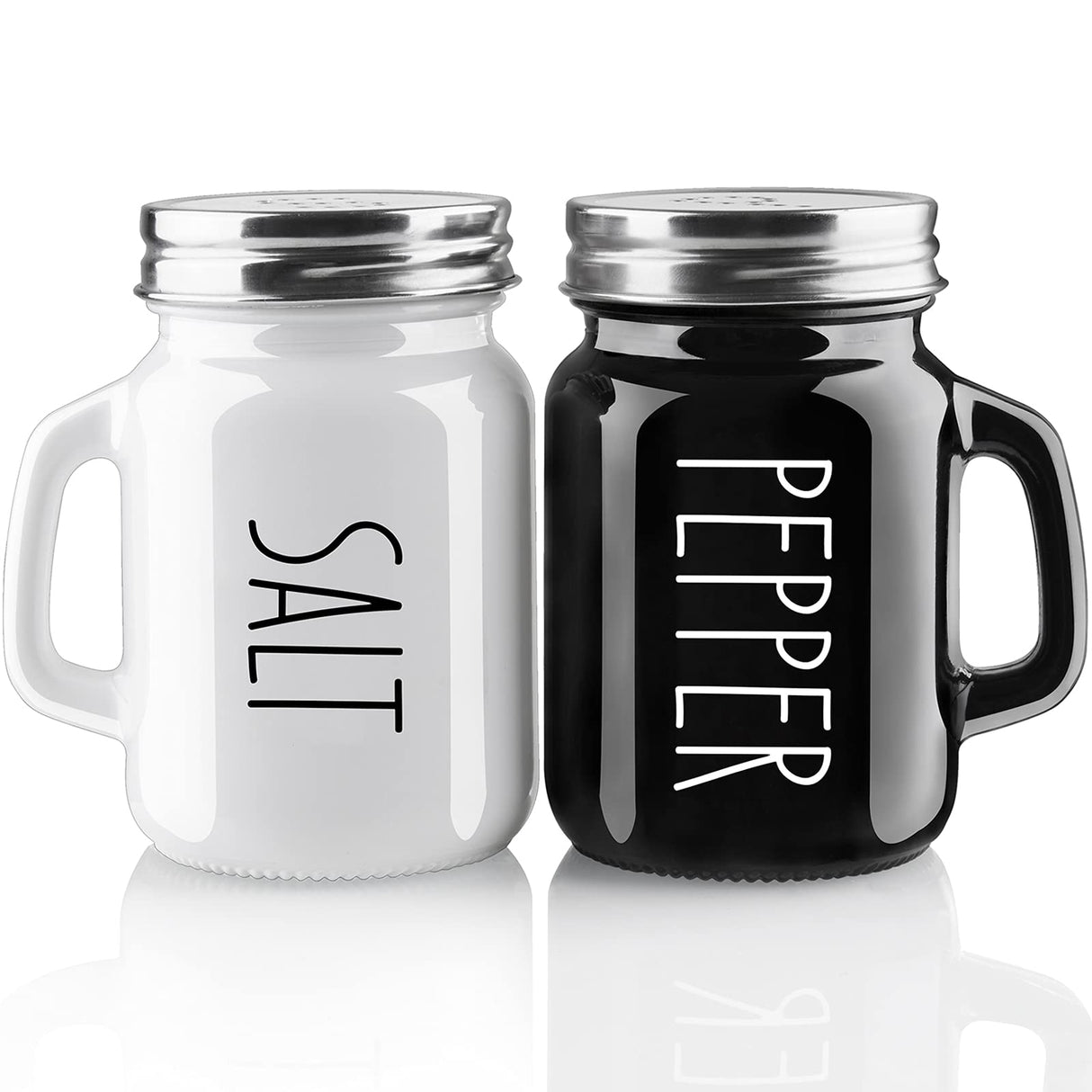 Salt and Pepper Shakers Set, ZOSUJO 4 oz Cute Salt Pepper Shaker, Kitchen Decor for Home Restaurants Wedding, Glass Black White Shaker Sets with Stainless Steel Lids ZOSUJO