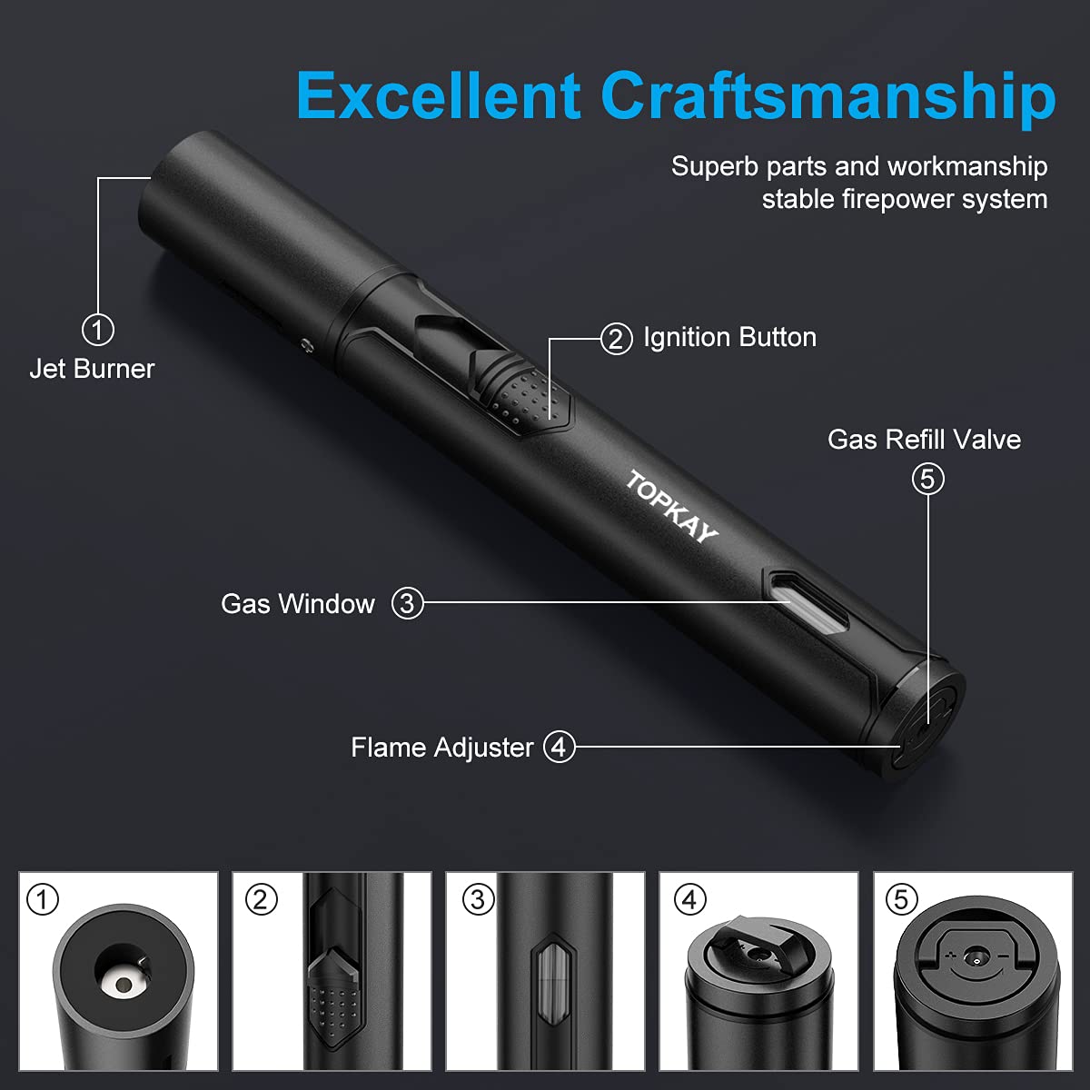 TOPKAY Torch Lighters, 2 Pack, Butane Lighters, Adjustable Jet Flame Torch Lighters, Windproof Butane Refillable Gas Torch Lighter Long Lighter for Candle, Grill, BBQ, Fireworks(Butane Not Included) TOPKAY