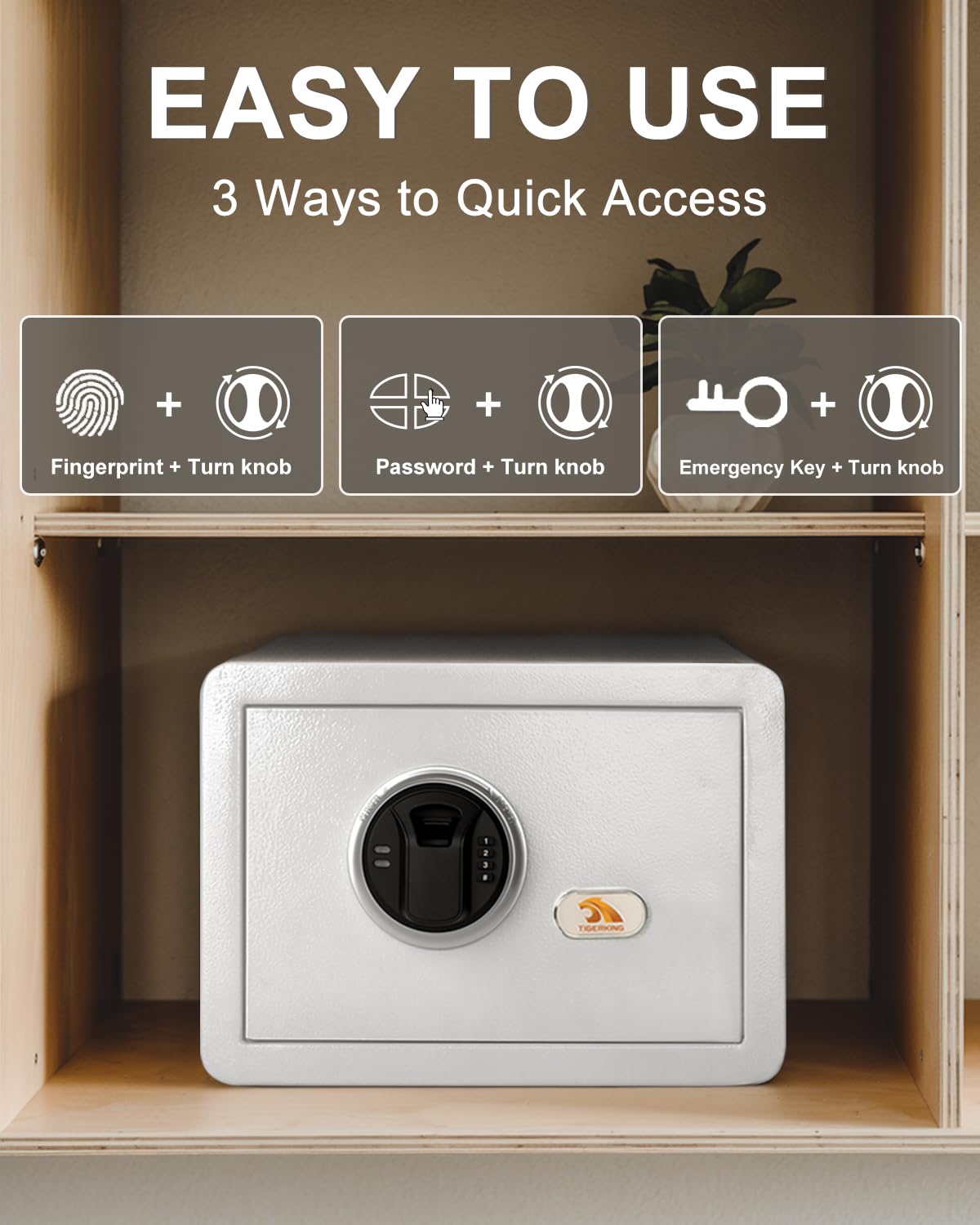 TIGERKING Biometric Fingerprint Home Safe, 1.2 Cubic Feet Digital Security Safe Lock Box, Quick-Access Small Safes for Cash, Jewelry, Handgun, Document, White TIGERKING