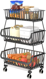 OKZEST 3-Tier Rolling Pantry Floor Organizers and Storage Cart with Wheels, Stackable Wire Pantry Baskets for Pantry Shelves, Kitchen Fruit Basket Stand and Storage Rack for Fruit Snack Onion Potato OKZEST