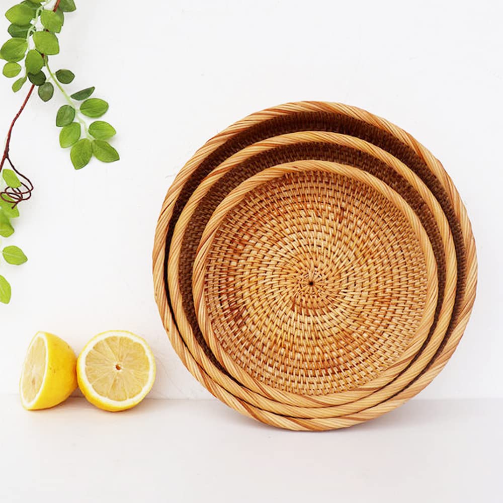I-lan 7.5 Inch Rattan Bread Basket with 2” Wall, Flat Wicker Basket Tray with Rolled Edge, Round Bowl Decorative Showcase Catch All Dish for Food, Fruit, Keys, Brown, S i-lan