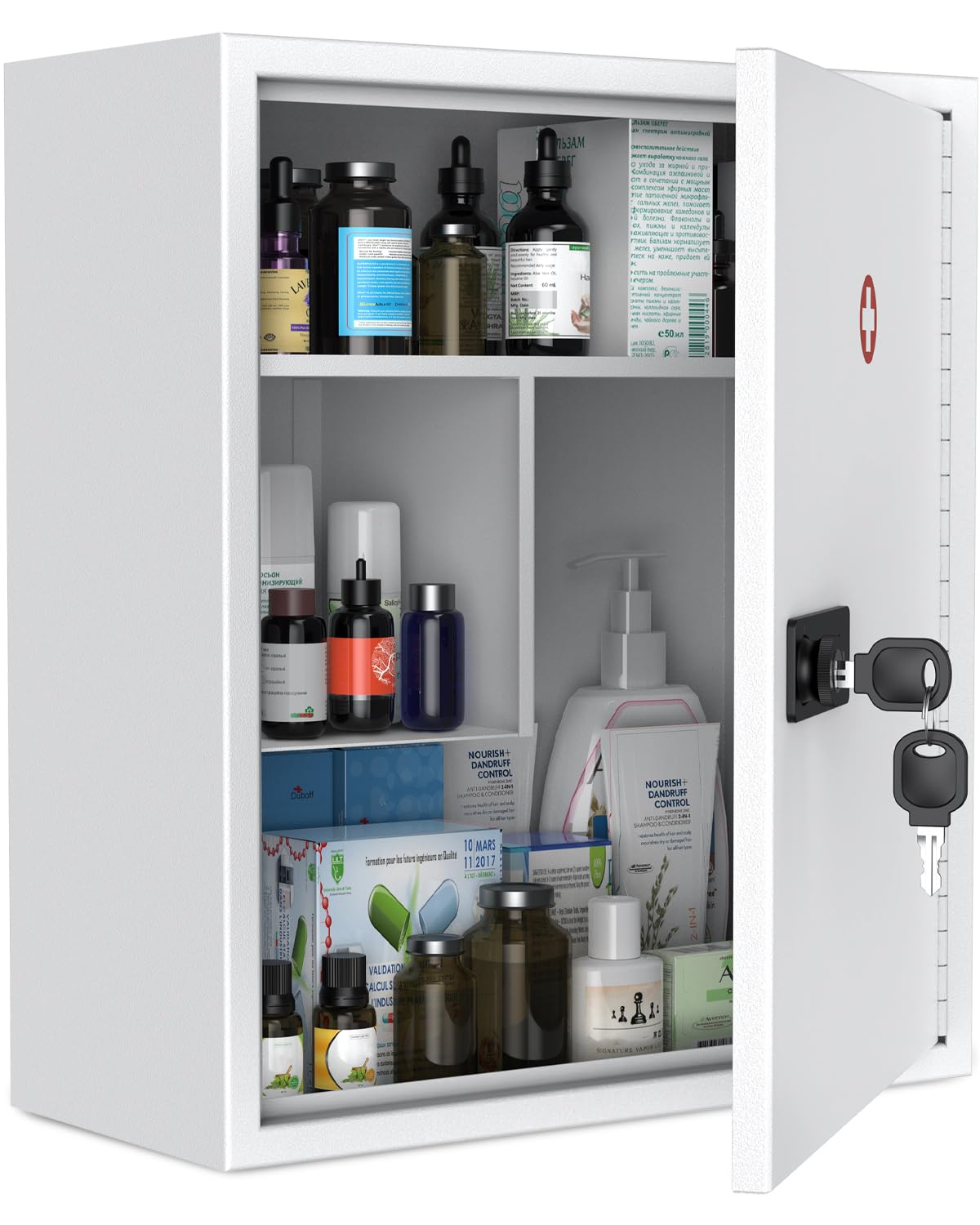 Uniclife Wall Mount Medicine Cabinet with Combination & Key Lock Locking First Aid Cabinet Lockable Medical Cabinet Large Capacity Medicine Organizer Secure Steel Wall Cabinet Metal Storage Box, White Uniclife