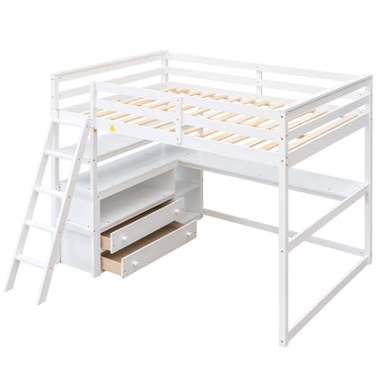 Harper & Bright Designs White Full Size Loft Bed with Desk, Shelves and Two Drawers for Kids and Teens - WoodArtSupply