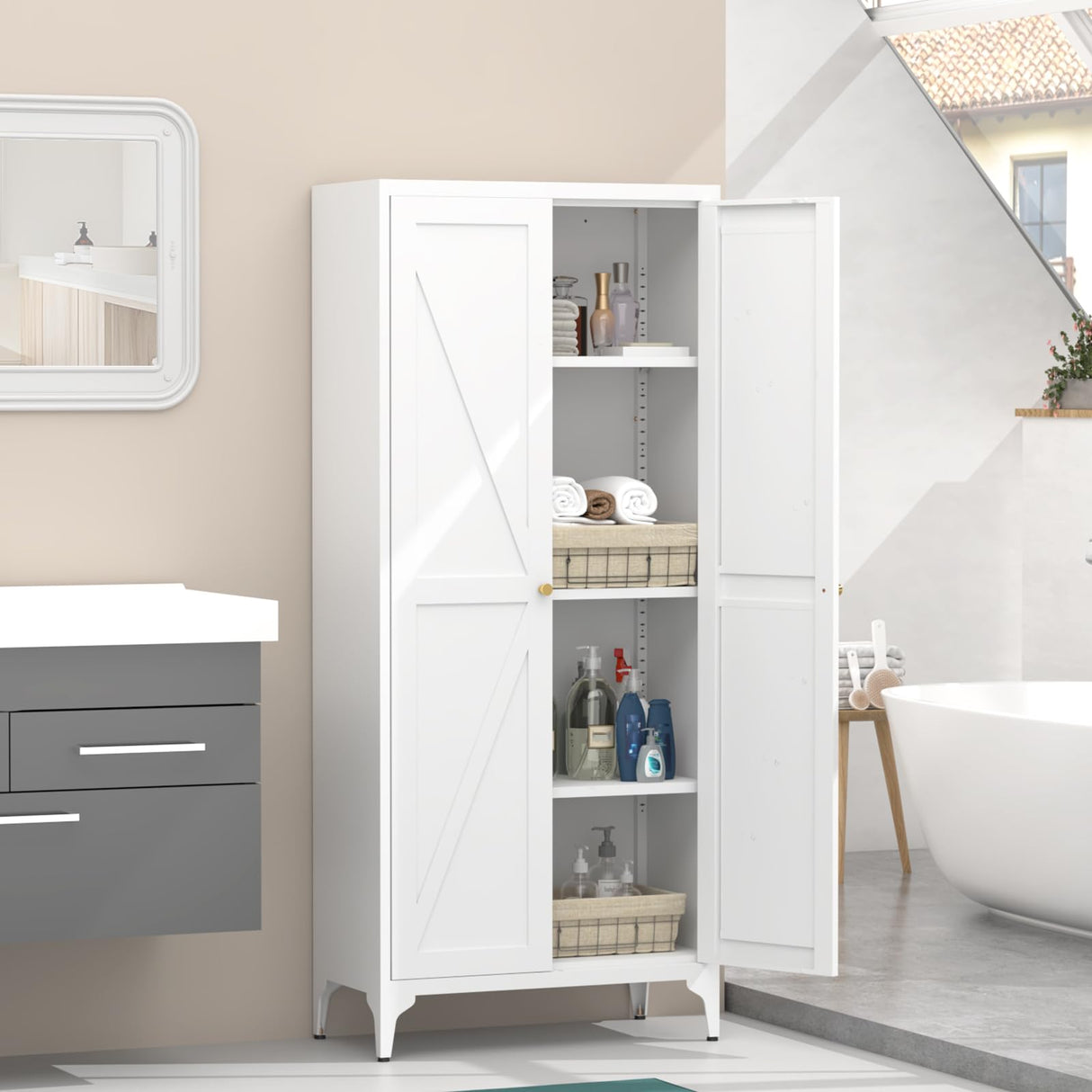 FATIGOS Metal Pantry Storage Cabinet, Kitchen Pantry Cabinets with 2 Doors and Adjustable Shelves, 65" White Metal Pantry Cabinet, Steel Locker for Kitchen, Living Room, Dining Room FATIGOS