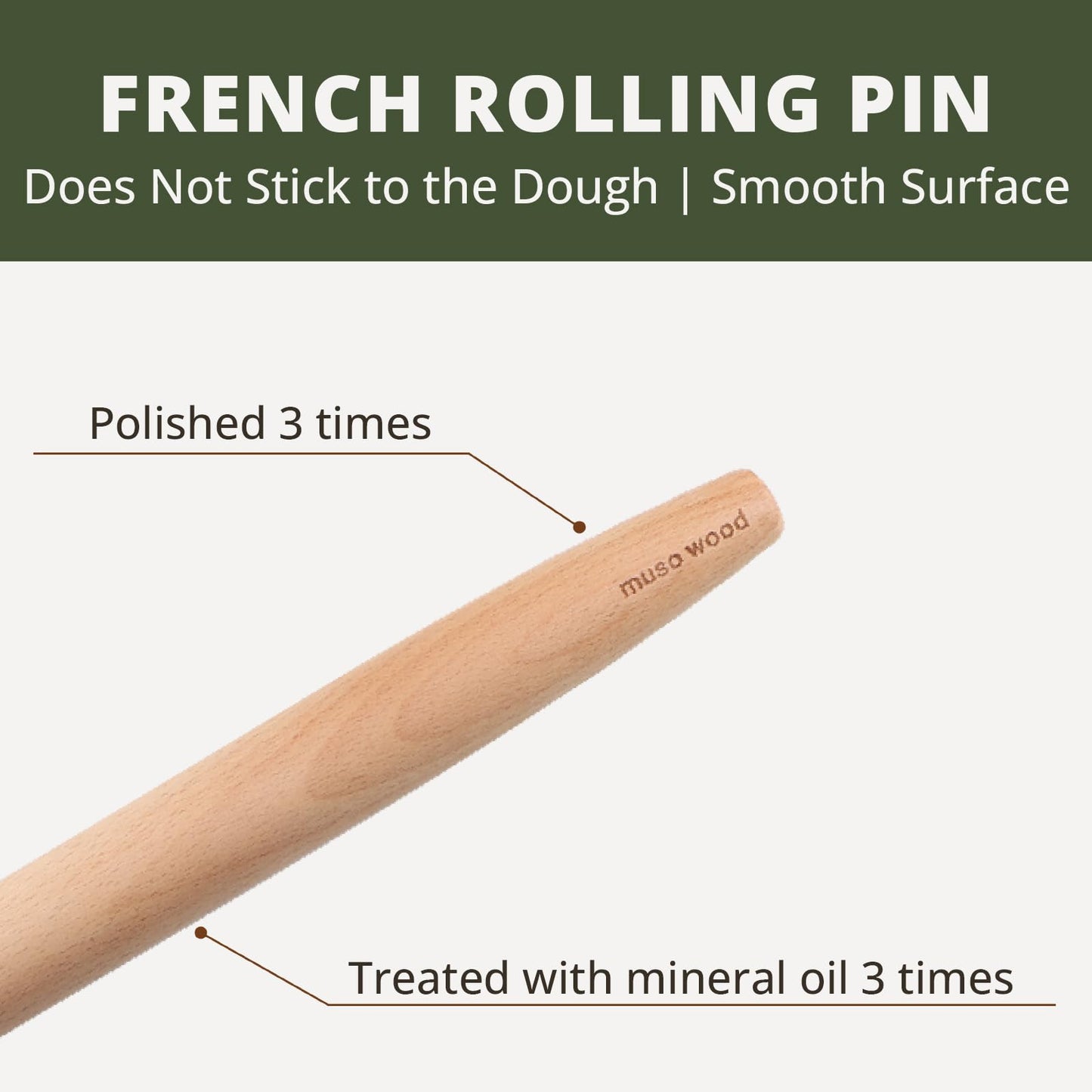 Muso Wood Wooden French Rolling Pin for Baking, Beech Wood Tapered Rolling Pin for Fondant Pie Crust Cookie Pastry(French 15.75-Inch)