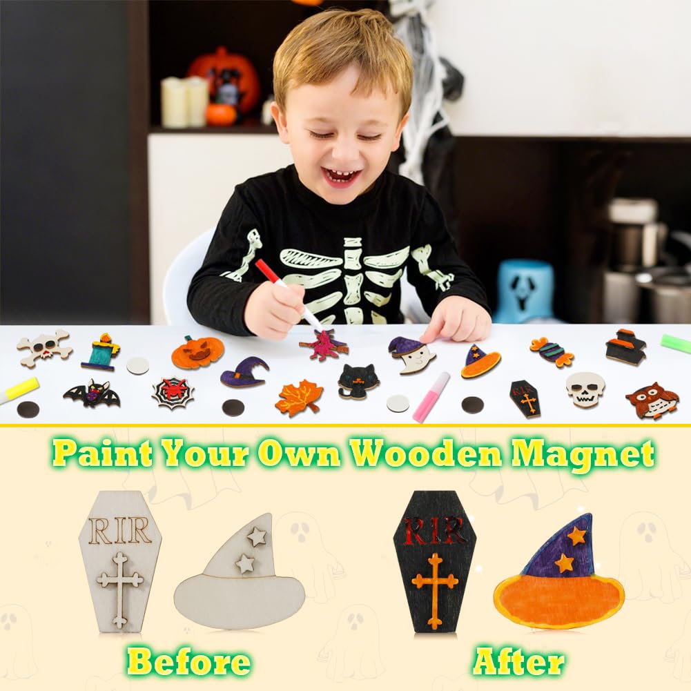 Worgree Halloween Crafts for Kids, 36 Pcs DIY Wooden Magnets Art Craft Supplies Painting Kit for Boys Girls Ages 4-8 8-12 Halloween Party Favors Gifts Basket Treat Goodie Bag Stuffers Classroom Prizes Worgree