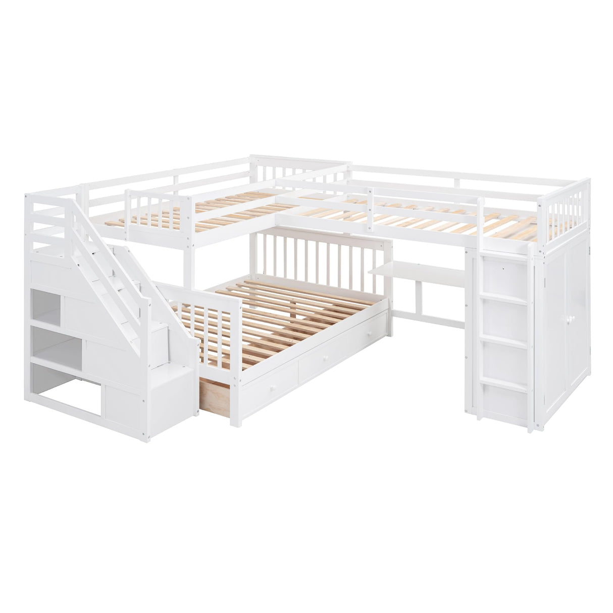 L Shaped Triple Bunk Bed with Storage Staircase, Wardrobe, Desk & Drawers, Wooden Bunk Bed for 3 Kids, Twin Over Full Bunk Beds, L-Shaped Loft Bed for Kids, Teens, Adults (White) Bellemave
