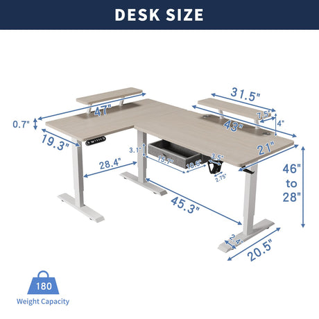 HEONAM Electric L Shape Standing Desk with Drawer, 63x47 Inches Height Adjustable Sit Stand Up Desk with Storage Shelf, Home Office Desk Computer Workstation with White Pearwood Top/White Frame HEONAM