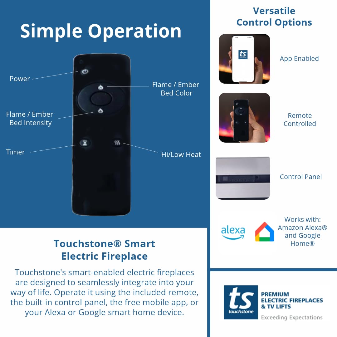 Touchstone Sideline Deluxe -Stainless Steel Smart Electric Fireplace- 50" Wide- Alexa/WiFi-Enabled- in Wall Recessed- 5 Flame Settings- 9 Flame Colors- 1,500W Heater- Log & Crystal Options- 86273 Touchstone