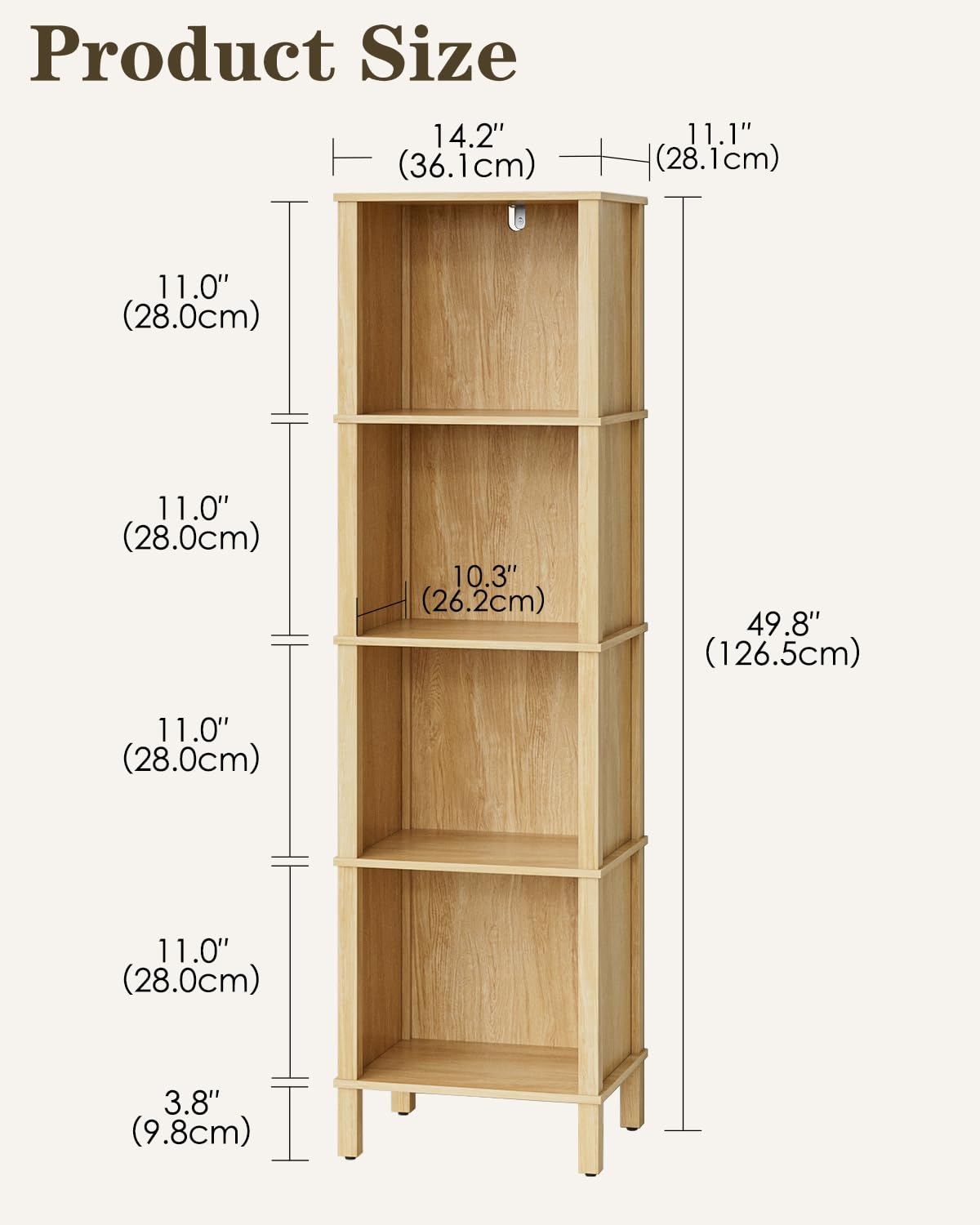 Apetaccat Book Shelf, Modern 4-Tier Bookcase, Open Storage Bookshelf, 11 × 14.2 × 50.4 Inches, Small Narrow Bookshelves for Living Room, Home Office, Bedroom, Natural Apetaccat
