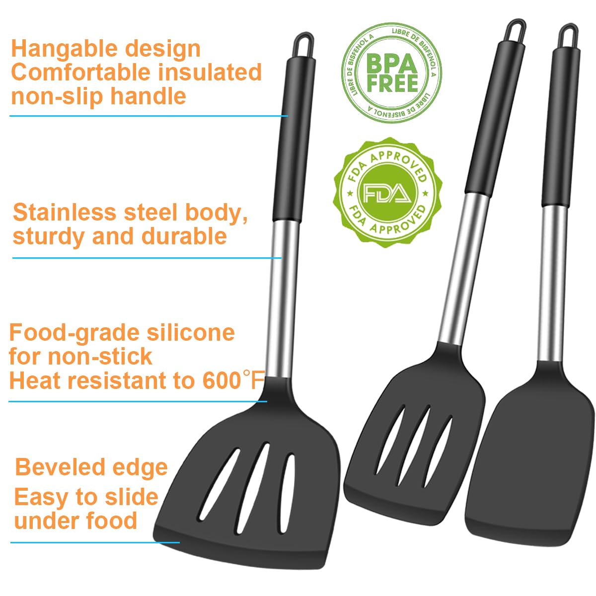KLAQQED 3Pcs Spatula Silicone Spatula Turner Set Fish Spatulas Silicone Heat Resistant Spatulas for Nonstick Cookware Rubber Wok Spatula, Long Large Spatula Silicone Cooking Use Kitchen Utensils Set KLAQQED