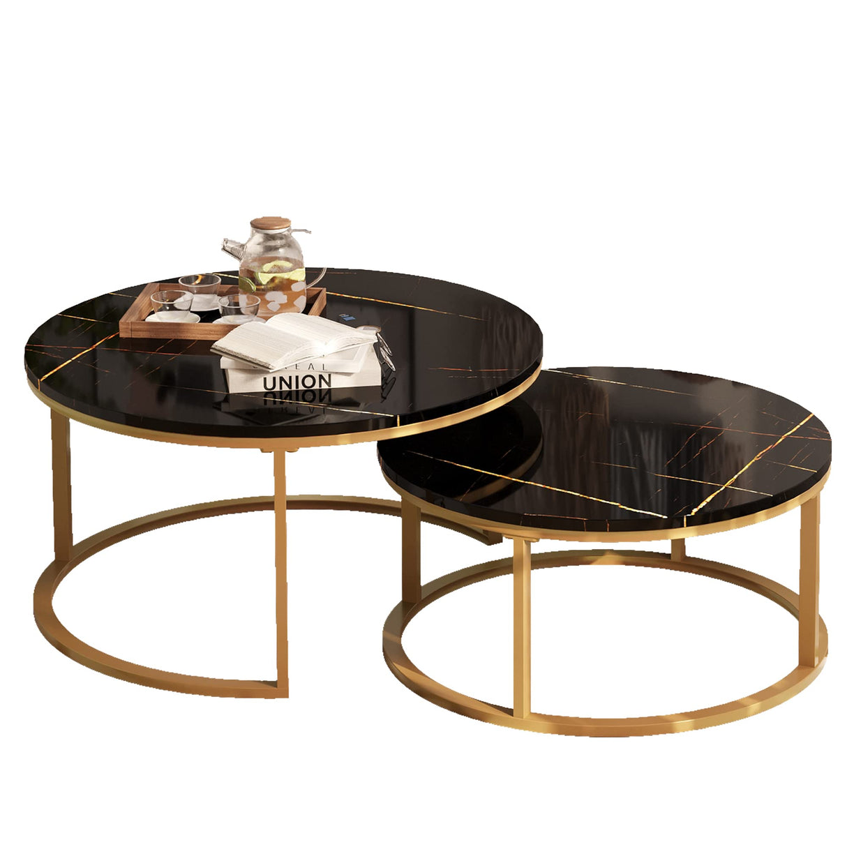 WiberWi Round Coffee Table Nesting Tables Set of 2, Large : Ø 34.0", Small : Ø 26.0", Modern Design Coffee Tables for Living Room, Gold Metal Frame Circle Cocktail Table, High Glossy Faux Black Marble WiberWi